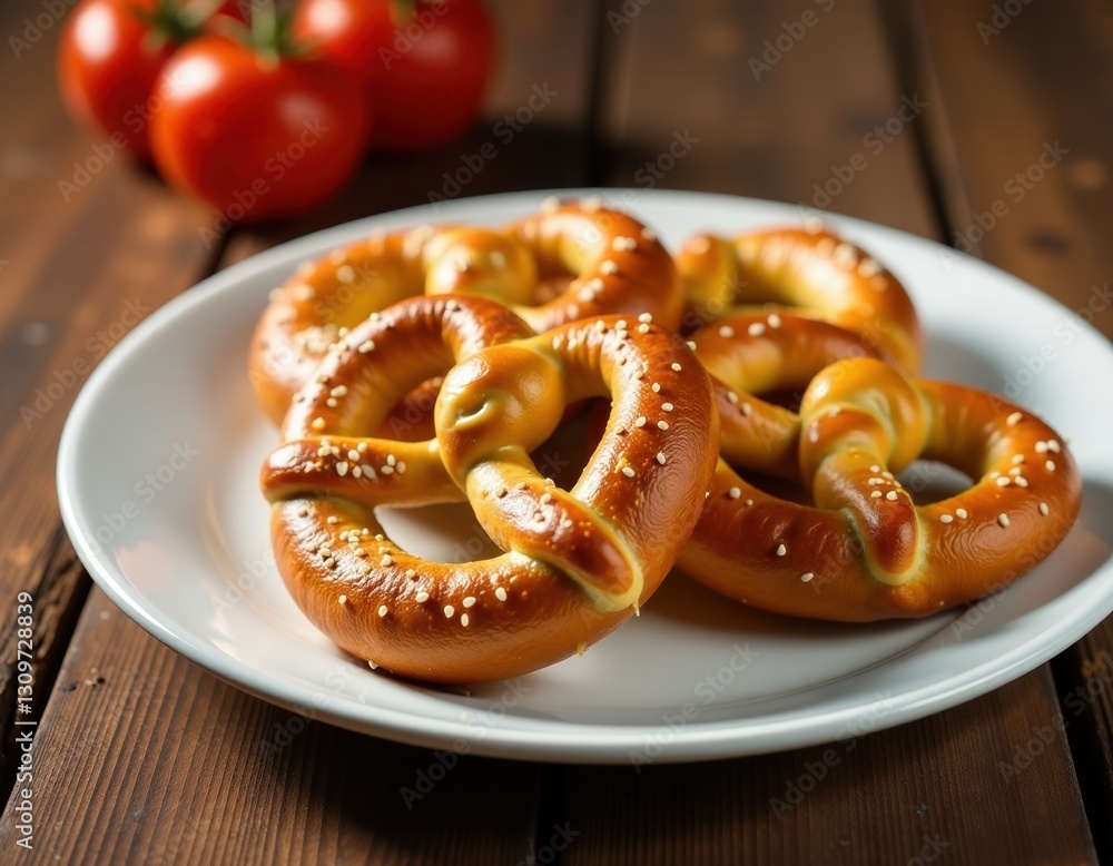 Freshly Baked Pretzels with Sesame Seeds on a White Plate Freshly Baked Pretzels with Sesame Seeds on a White Plate