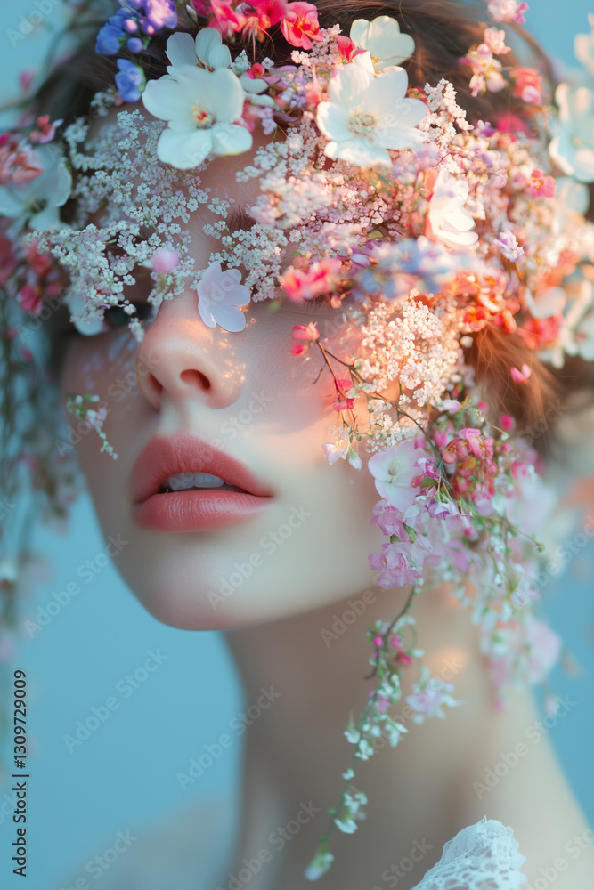 Close-up portrait of beautiful woman with different flowers on her face Close-up portrait of beautiful woman with different flowers on her face