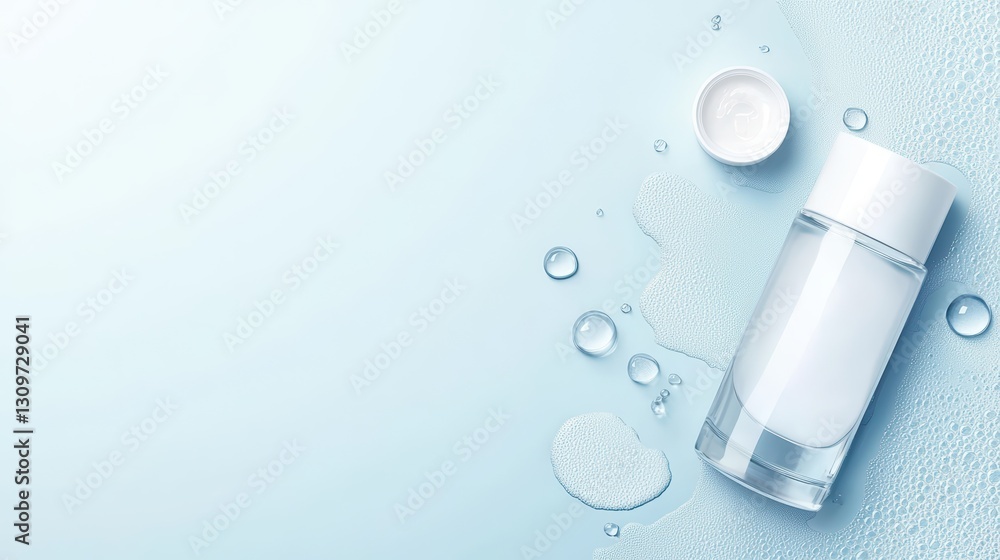 Modern Digital Microdermabrasion Skincare Bottle with Water Drops on Soft Blue Background Modern Digital Microdermabrasion Skincare Bottle with Water Drops on Soft Blue Background