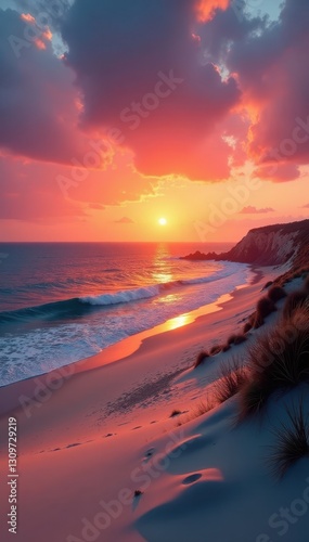 Sunset over calm ocean, soft sand dunes, vibrant sky, beach, light, red