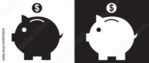  piggy bank icon .Piggy bank with dollar coin set. Piggy bank saving money icon. Pig icon, moneybox vector, silhouette. Financial icon. Vector illustration.