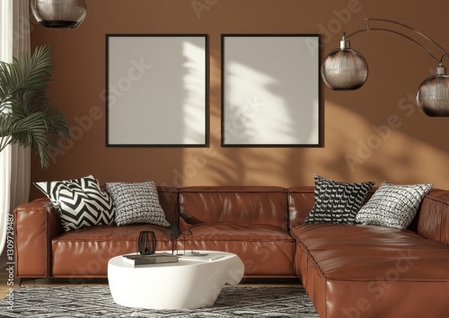 Modern living room with leather sectional sofa, two blank frames, and warm brown tones.
