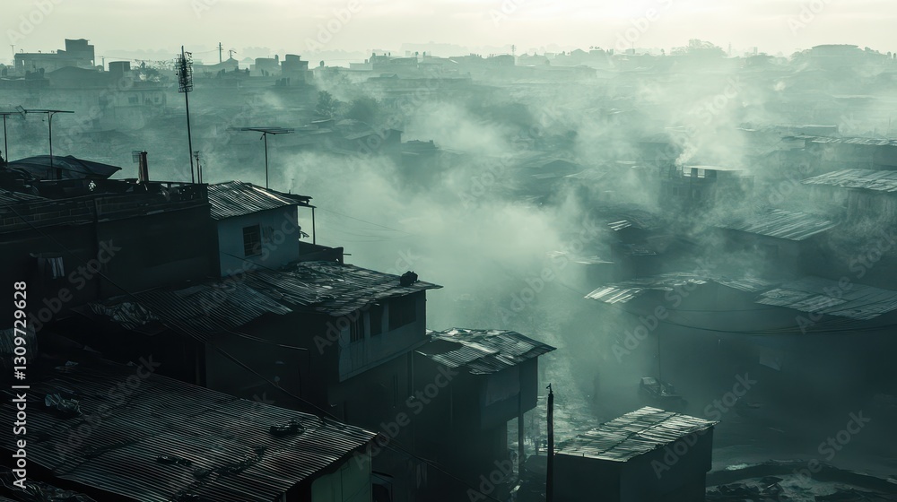 Fototapeta premium Dense Fog and Mist Covering Slum Settlement in the Morning Light