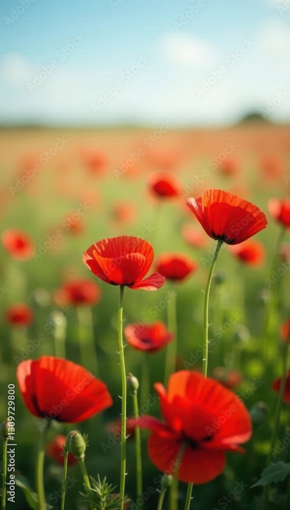 Field of red poppies swaying gently in breeze, battlefield, remembrance Field of red poppies swaying gently in breeze, battlefield, remembrance