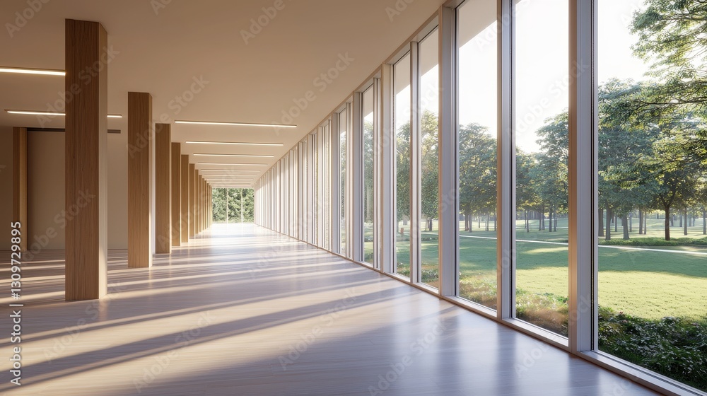 Modern Interior with Sunlight and Trees Visible through Windows Modern Interior with Sunlight and Trees Visible through Windows