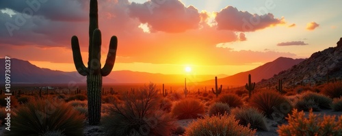 Single saguaro bathed in warm sunset light, long shadows cast, heat, warm, desert