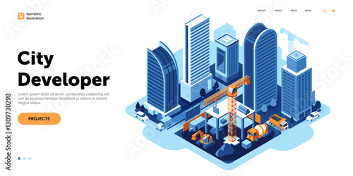 Vector illustration of city development in isometric view. Construction equipment erects a new building in the middle of the city. Ideal for real estate developer web page, infographic, promo.