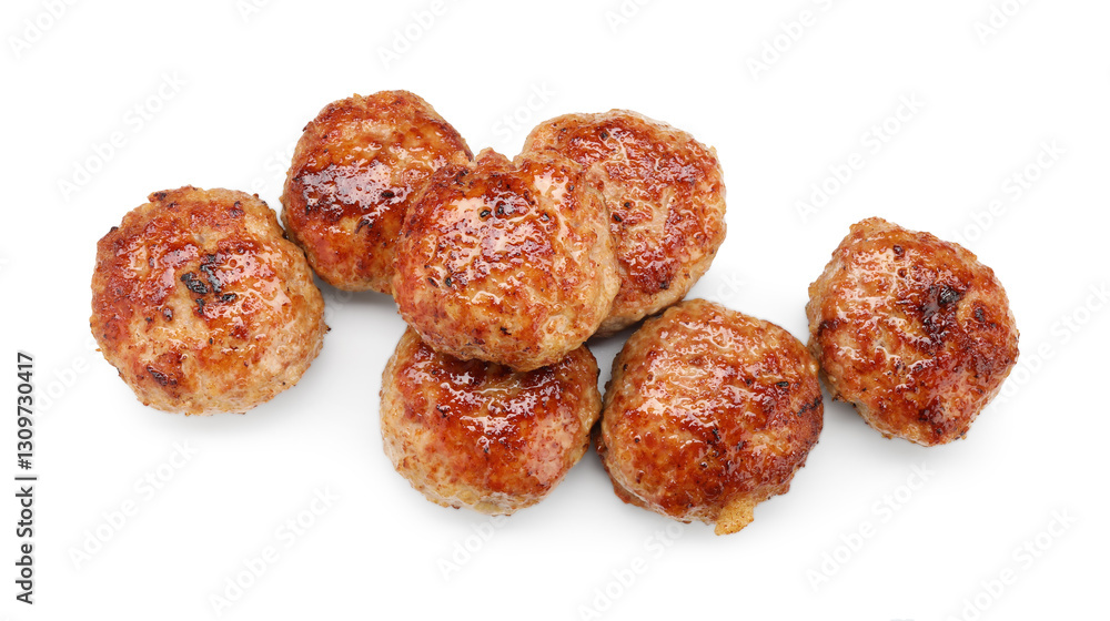 Many delicious roasted patties isolated on white, top view Many delicious roasted patties isolated on white, top view