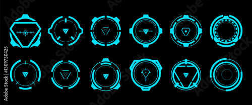 Isolated Blue Game Aiming symbol,  HUD Futuristic Screen Monitoring graphic elements, Technology Digital Target and Scanning Illustration. (Editable)