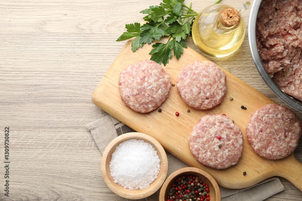 Many uncooked patties and spices on wooden table, flat lay. Space for text Many uncooked patties and spices on wooden table, flat lay. Space for text