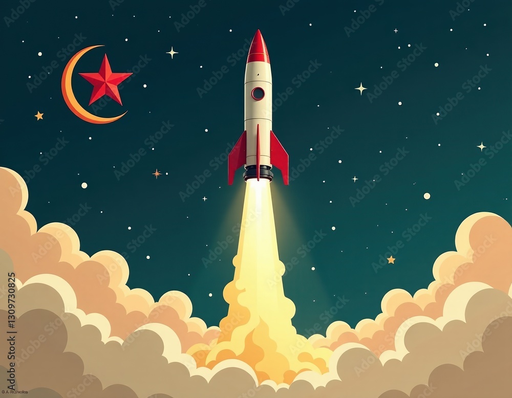 Rocket Launching into Space with Crescent Moon and Star