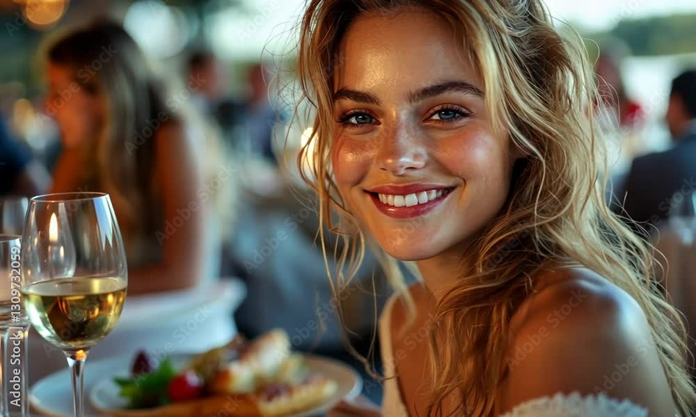 Young woman smiling at a dinner table with wine and food, enjoying a lively outdoor gathering Young woman smiling at a dinner table with wine and food, enjoying a lively outdoor gathering