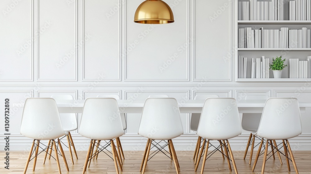 Fototapeta premium Modern Conference Room with White Chairs and Gold Pendant Light