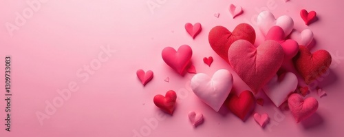 Overlapping hearts, diverse textures and shades of red & pink against a pale pink backdrop , pastel, background, soft