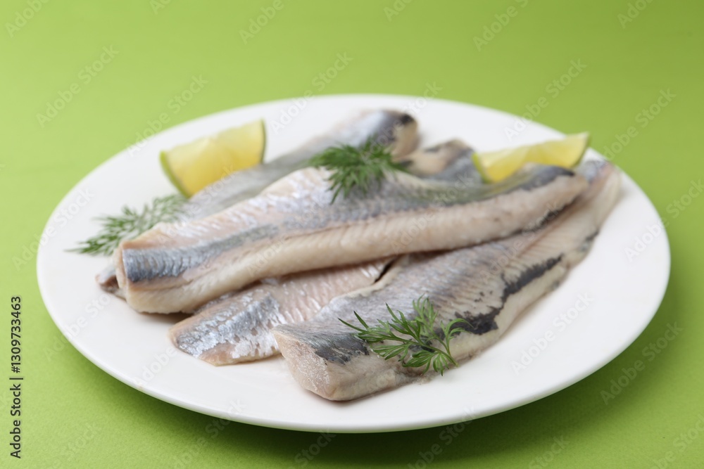 Marinated herring fillets with lime and dill on green background, closeup Marinated herring fillets with lime and dill on green background, closeup
