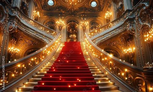 Opulent staircase adorned with chandeliers and red carpet, showcasing grandeur in a lavish hall