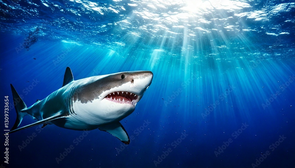 Fototapeta premium Great white shark in ocean, mouth open showing teeth, copy space on right on image