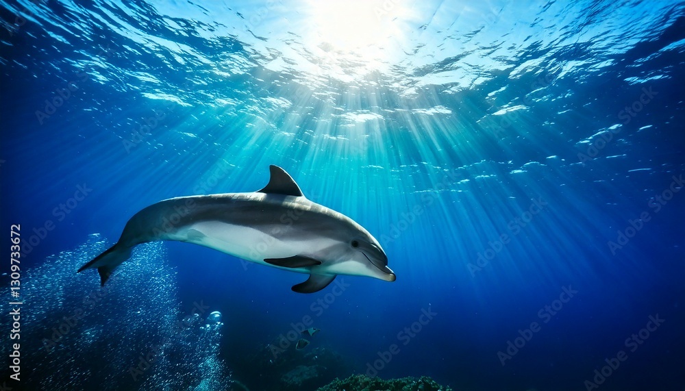 Fototapeta premium single dolphin swimming under water in the ocean