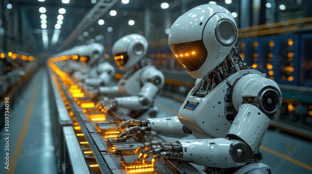 Automated factory line with robots working Automated factory line with robots working