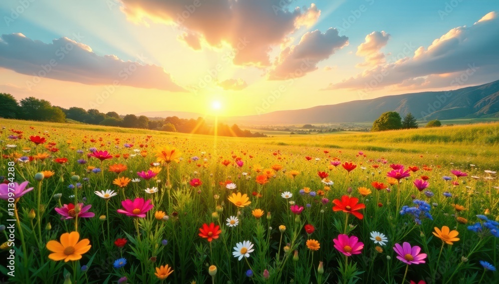 Fototapeta premium Golden hour illuminates colorful wildflowers in vast meadow, azure sky above, sunshine, blue sky, peaceful