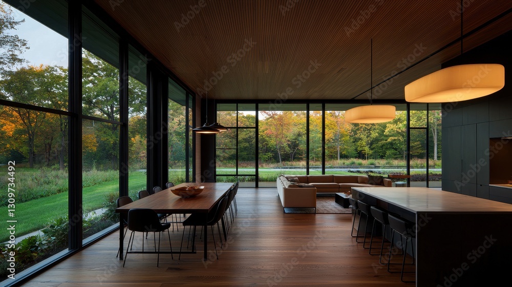 Fototapeta premium Modern Open Concept Dining Area with Large Windows and Natural Light