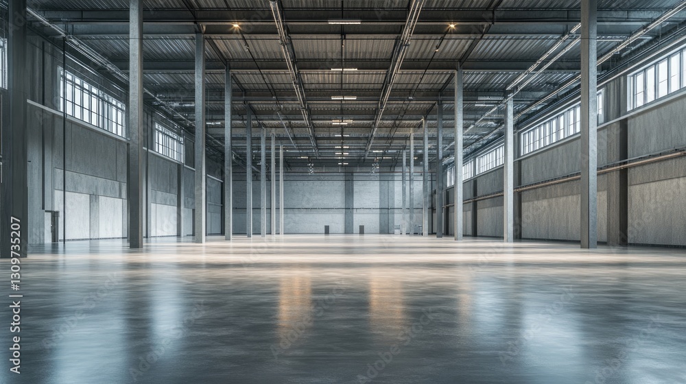 Obraz premium Vast Empty Industrial Warehouse Space, Modern Architecture and Interior Design
