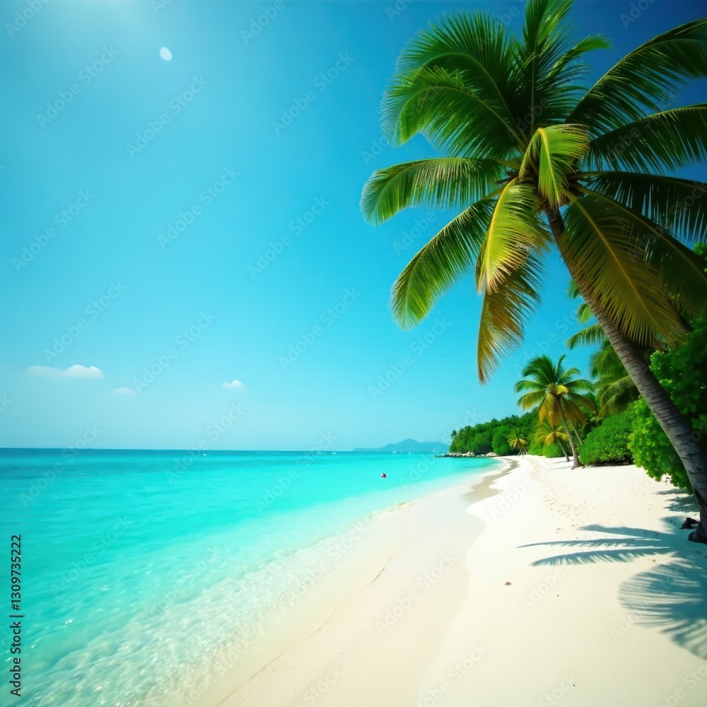 Obraz premium Turquoise water laps white sand; palm trees sway gently in breeze , travel, coast, tropical ocean