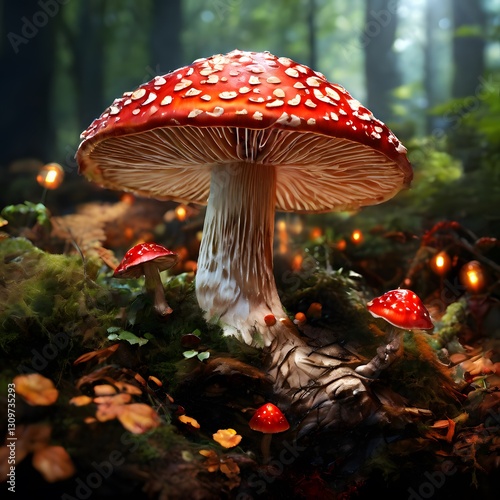 A large red mushroom in a dense forest with moss and other fungi