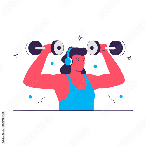 Vector illustration of a strong woman lifting dumbbells while wearing headphones. A modern and energetic concept of fitness, strength, and motivation.