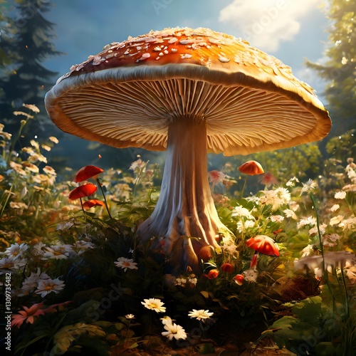 Large, sunlit mushroom in a forest setting with white flowers.