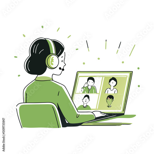 Vector stylized illustration of a woman wearing a headset, participating in a video conference on her laptop. Modern, professional, and digital design.