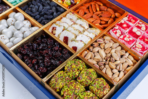 Photography Assorted traditional Turkish sweets  delights and dragee,energy balls and filled dry fruits