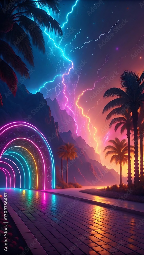 Naklejka premium Surreal Neon Landscape: Rainbow Arch, Vibrant Lightning, and Silhouetted Palms - A Dreamlike Tile Pathway Image..