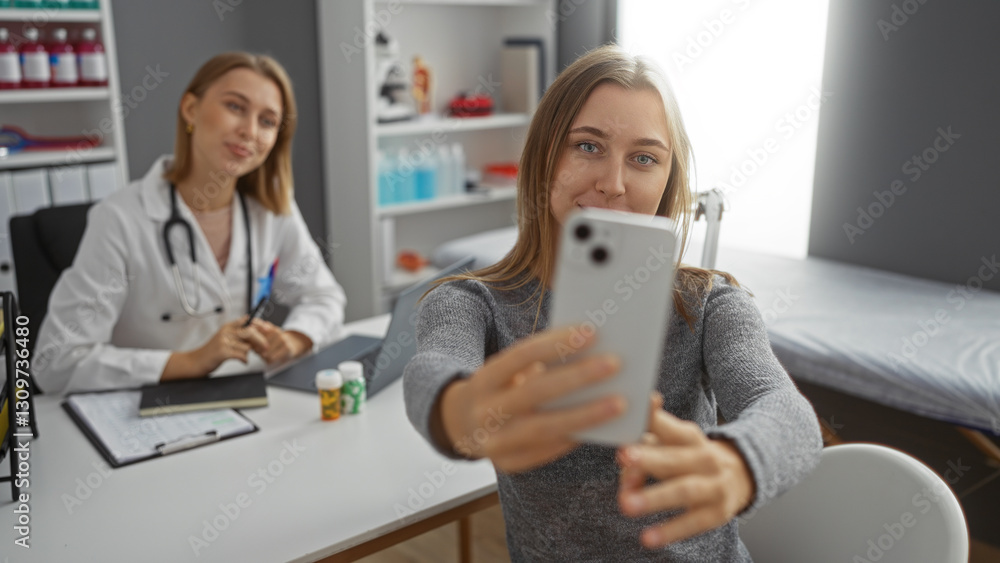 Fototapeta premium Woman taking selfie with doctor in clinic room showcasing a friendly medical environment with professional care and patient interaction indoors.