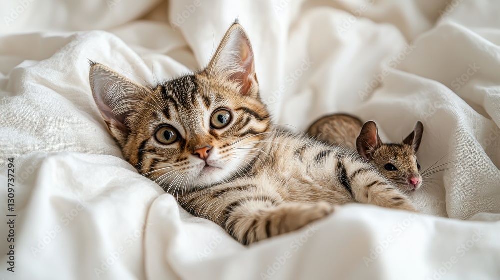 Kitten and Mouse on White Sheets Kitten and Mouse on White Sheets