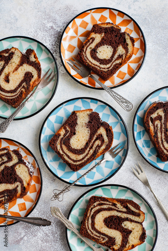 Homemade traditional marble pound cake.