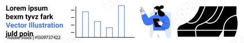Bar chart visualization studied by a person holding a tablet, accompanied by design and text accents. Ideal for data analysis, statistics, business reports, presentations, education, research