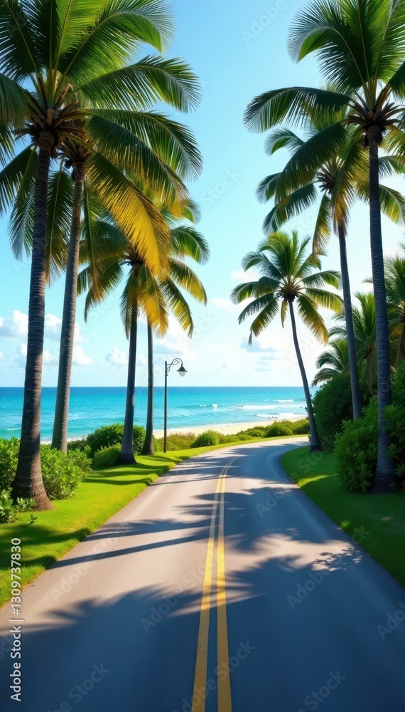 Palm-lined road curves gently towards a calm ocean horizon , ocean, peaceful, clear Palm-lined road curves gently towards a calm ocean horizon , ocean, peaceful, clear
