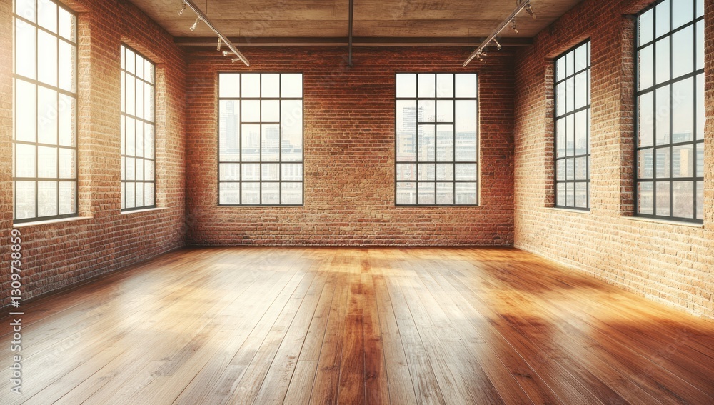 Obraz premium Sunlit empty loft; brick walls, wood floor, city view; real estate