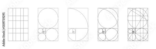 Golden ratio template. Method golden section mockup. Fibonacci array, numbers, shapes. Harmony proportions frames. Outline graphic minimalist illustration.