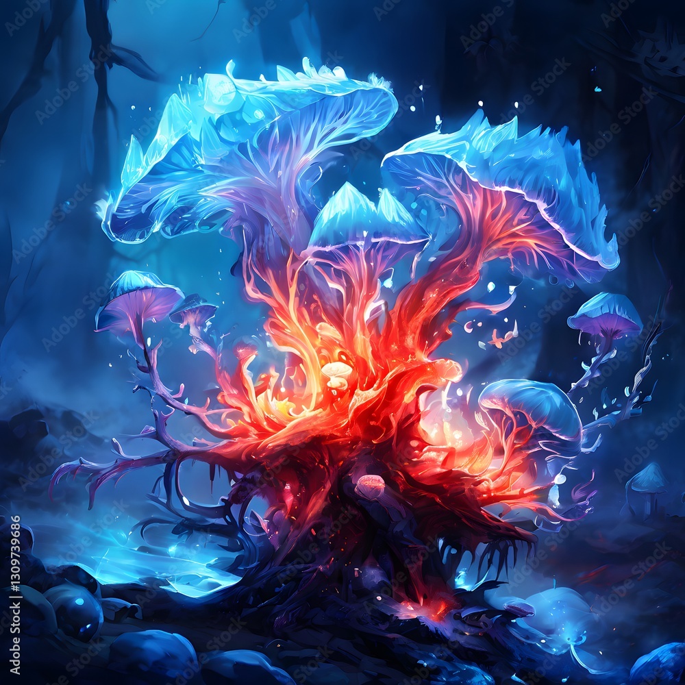 Obraz premium A vibrant forest scene featuring a mystical mushroom tree radiating fiery energies