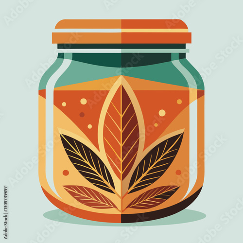 Herbal Infusion Jar with Leaves in Modern Flat Vector Illustration