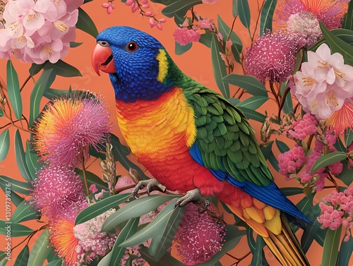 A rainbow lorikeet chirruping loudly in a blossoming tree photo