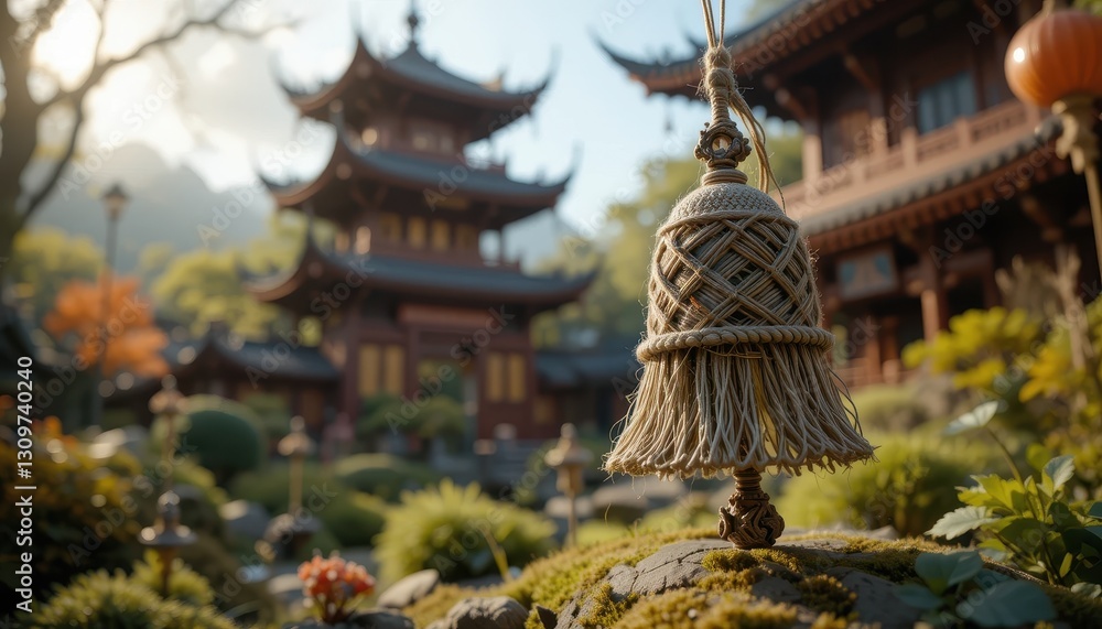 Fototapeta premium Tranquil Asian Temple Garden Rope Bell Detail and Pagoda Background