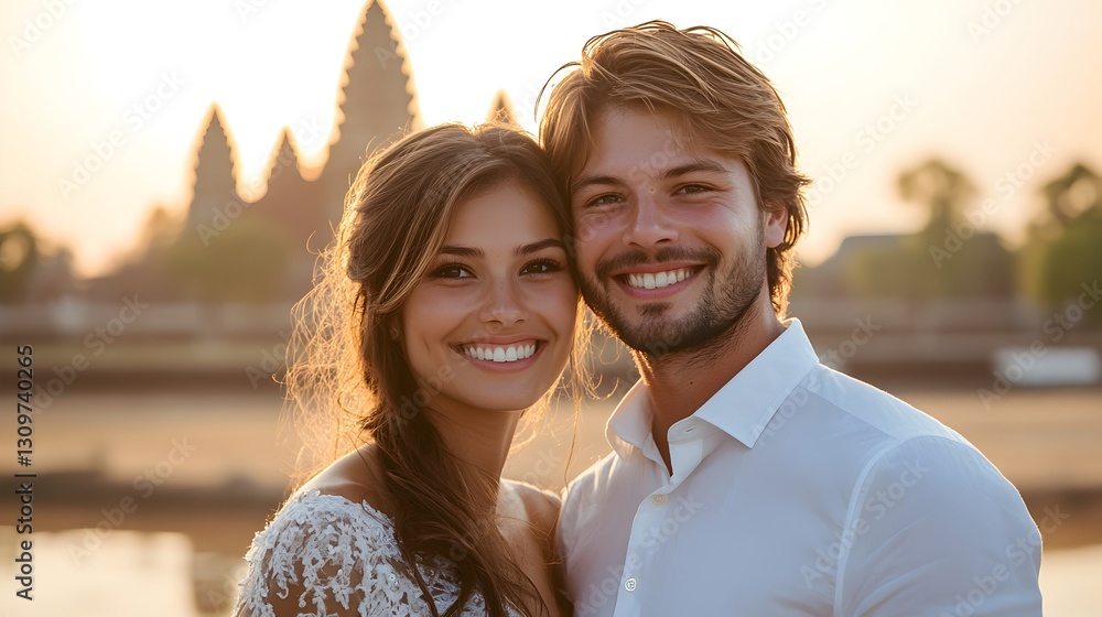Joyful couple posing together for a captivating photograph in front of a lively and colorful environment