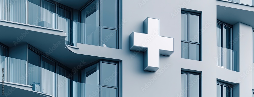 Fototapeta premium Close-up of a green cross sign mounted on a wooden wall, creating a striking medical visual against a solid white backdrop