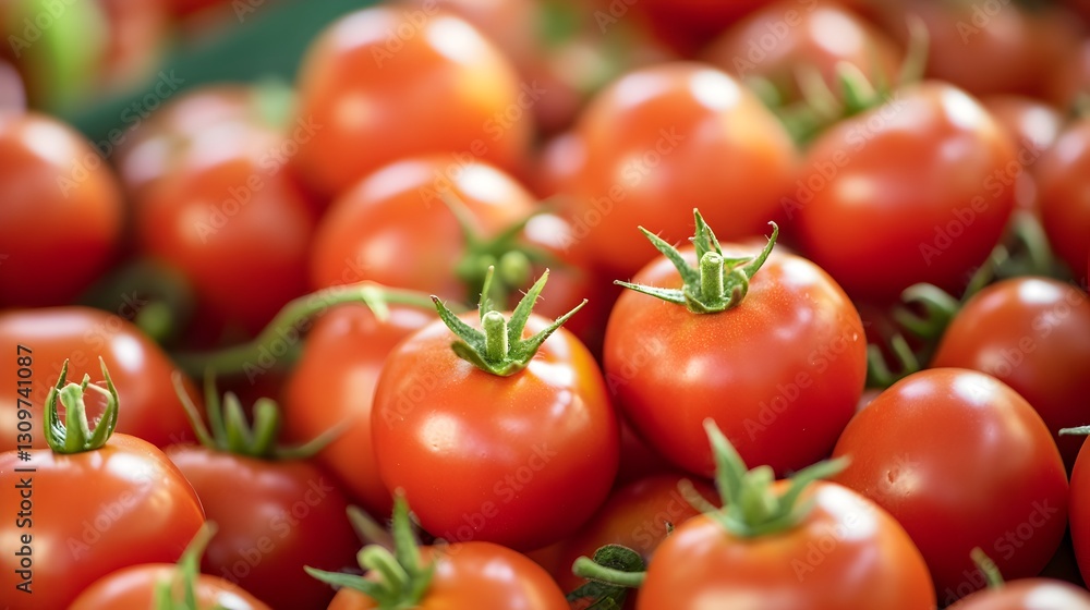 Vibrant red shining tomatoes displayed on a rustic market stall ready for purchase by enthusiastic shoppers Vibrant red shining tomatoes displayed on a rustic market stall ready for purchase by enthusiastic shoppers