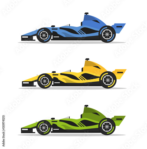 Collection of formula 1 racing cars isolated on white background. Side jet sport racing car concept. Vector stock