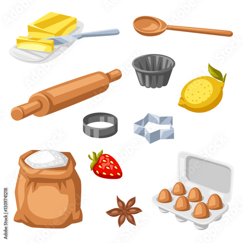 Set of bakery utensils. Cooking tools for home and recipe items.