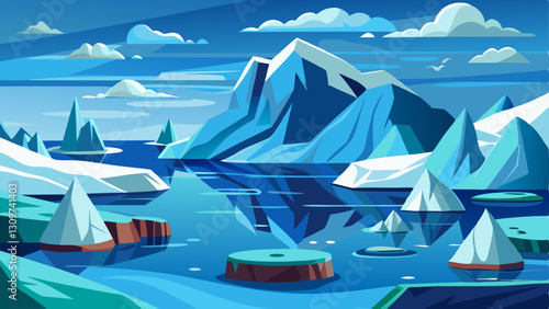 Arctic landscape with glaciers, icebergs
